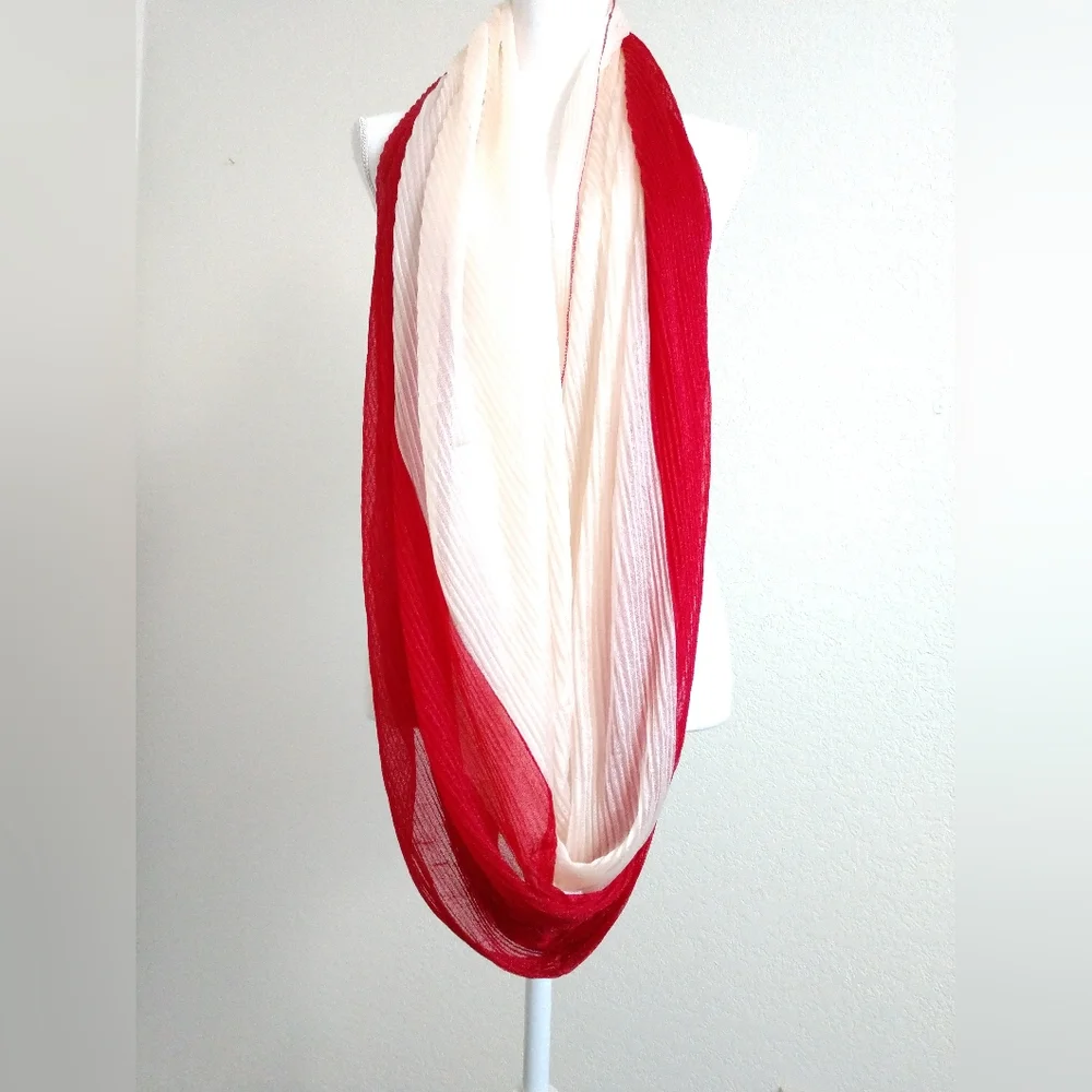 Wide Red White Colorblock Pleated Infinity Scarf Circle Loop Fashion Statement